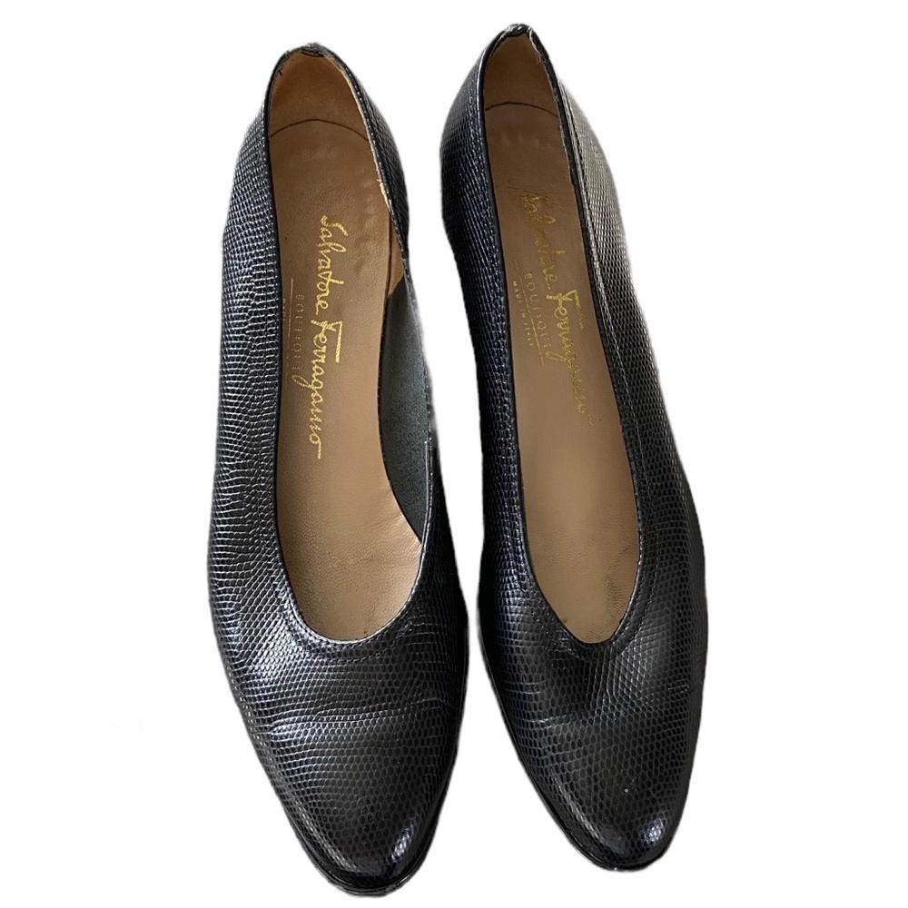 Salvatore Ferragamo Black Embossed Wedge Pumps – Size 7 AA – Made in Italy